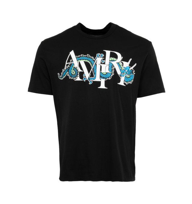BLACK - AMIRI CNY DRAGON TEE is a black t-shirt that showcases a Chinese New Year-inspired graphic logo print in an air blue color on the front at the chest. This style pulls over for a comfortable fit with a crewneck and short sleeves. 100% cotton.