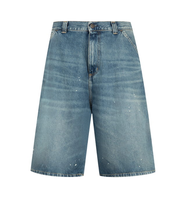 Image 1 of 3 - BLUE - CARHARTT WIP OG Single Knee Short featuring a wide fit from heavyweight cotton denim, intentionally distressed, worn-in look, tool pockets and a hammer loop, bartack stitching, metal rivets at vital stress points and a woven Square Label appears on the rear pocket. 100% cotton. 