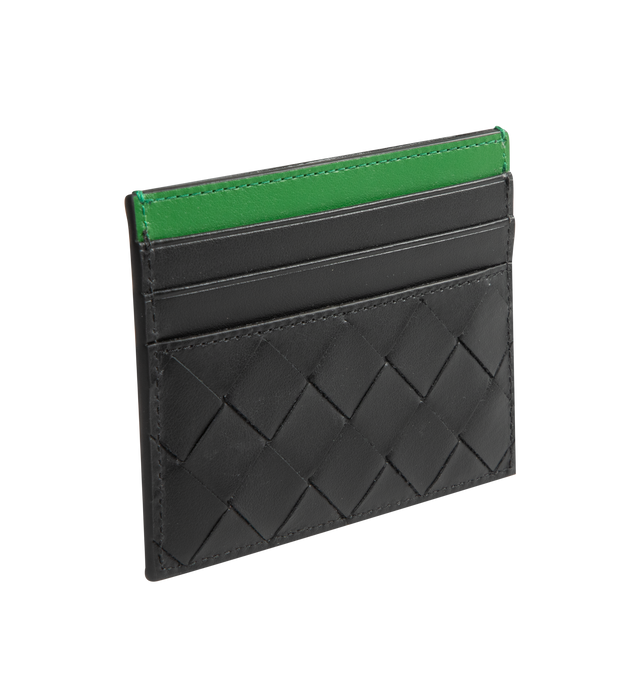Image 2 of 3 - BLACK - Bottega Veneta Intrecciato Credit Card Case featuring intrecciato two-tone calfskin leather card case with six card slots and one central pocket. Calfskin. Made in Italy. 
