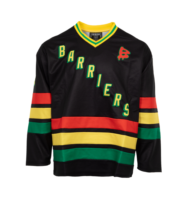 Image 1 of 4 - BLACK - BARRIERS NY Hockey Jersey featuring relaxed-fit, v-neck, graphic print at chest, graphic patches at shoulders and texts and numbers patchs appliqus at back. 100% cotton. 