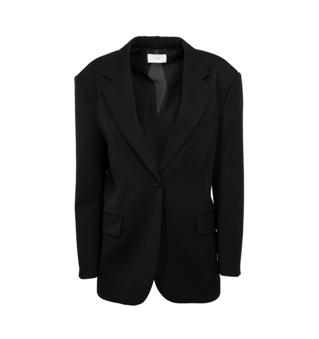 Image 1 of 4 - BLACK - THE ROW Viper Jacket featuring tailored single-breasted jacket in starchy wool twill with wide notched lapel, "V" cutout with button closure at back, and multi-pocket detailing. 100% wool. Fully lined in 100% silk. Made in USA. 