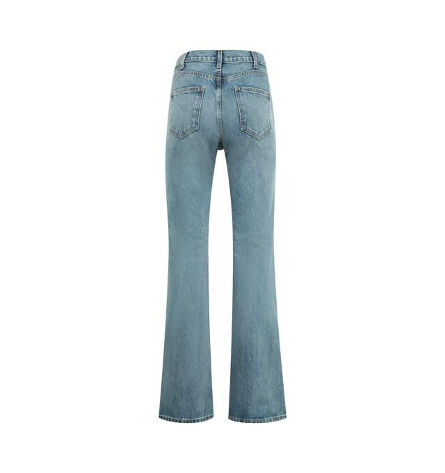 Image 2 of 3 - BLUE - NILI LOTAN Roe Jean featuring mid-rise, flare leg, Japanese non-stretch denim, fitted through hips, opens to a flare leg, zip fly, shank closure, five pocket detail and belt loops. 100% cotton. Made in USA. 