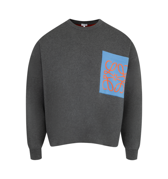 Image 1 of 2 - GREY - Loewe Men's Sweater in medium-weight cotton blend featuring an Anagram intarsia on the chest patch pocket. Relaxed fit, regular length featuring double face stitch, round neck, ribbed collar and cuffs, self-start hem. Cotton/Viscose. Made in Italy. 