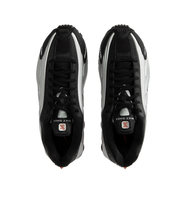 Image 5 of 5 - SILVER - Nike Shox R4 Sneakers are a lace-up style with leather uppers, synthetic overlays, perforations for breathability, cushioned collars, Shox cushioning, and rubber outsoles.  