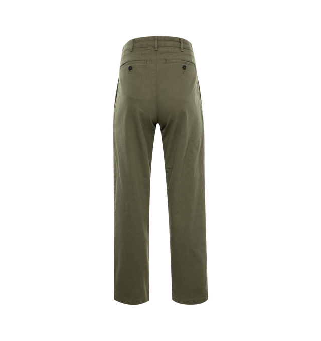 Image 2 of 3 - GREEN - NOAH Double-Pleat Herringbone Pant featuring double-pleated front with zip-fly and button closure. Side seam pockets, besom back pockets with button closures. 100% cotton. 