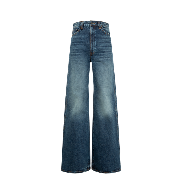 Image 1 of 3 - BLUE - Khaite Women's Wide-Leg Jean is crafted from stretch indigo denim and features a high-rise waist, classic five-pocket styling, and a wide-leg silhouette with a refined flare below the knee. Designed to visually elongate the legs, this modern denim style combines tailored proportions with everyday versatility. Main Material: 98% Cotton, 2% Polyurethane. Made in USA. 