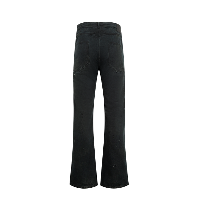 Image 2 of 3 - BLACK - ENFANTS RICHES DEPRIMES Zurich 64 Flare Jeans featuring mid rise, five pocket styling, button fly, belt loops at waist, embossed logo patch at back waistband, slightly flared and distressing throughout. 100% cotton. Made in Japan.  