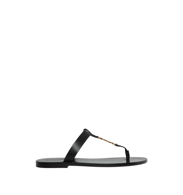 Image 1 of 4 - BLACK - SAINT LAURENT Cassandre Slides featuring flat sandal, t-strap arch band, metal cassandre on front and leather sole. Made in Italy.  