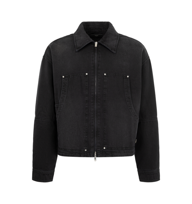 Image 1 of 3 - BLACK - Amiri Mens Denim Work Jacket is crafted from a durable denim cotton. Features front patch panels, side tabs, button cuffs, double-zip closure, and signature MA Quad logo detail. Material: 100% Cotton. Made in Italy. 