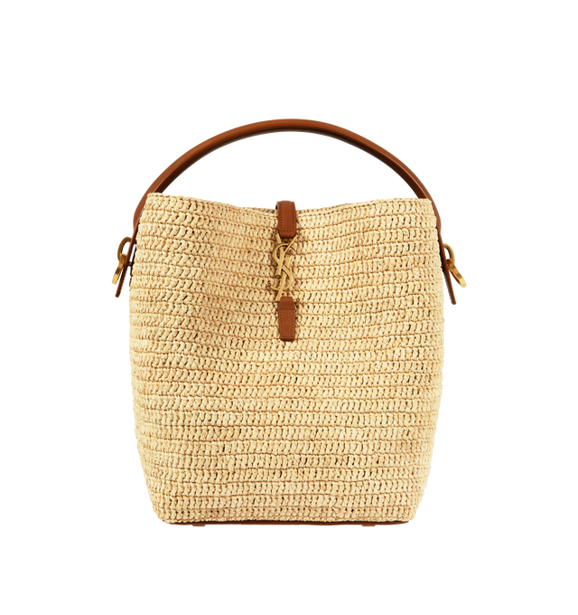 BROWN - SAINT LAURENT Le 37 Bucket Bag featuring cassandre hook closure, adjustable and detachable strap, removable zip pouch and unlined. 7.9" X 9.8" X 6.2". Raffia/calfskin leather/brass.