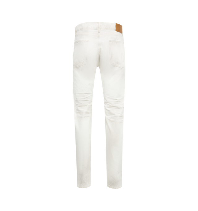 Image 2 of 3 - WHITE - SEEKINGS Signature Slim Denim featuring 3D whisker creasing, 5 pocket styling, button fly, high rise, slim leg, leather patch on back of waistband and engraved hardware. 100% cotton.  