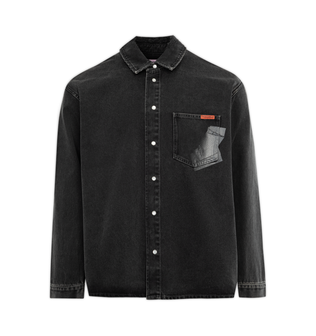 BLACK - MARTINE ROSE Relaxed fit denim overshirt in washed black cotton with gaffer tape motif patches on the pocket and elbow, branded label stitched on the chest, fold down collar, front button closure and button cuffs. 100% cotton. Unisex brand in men's sizing.