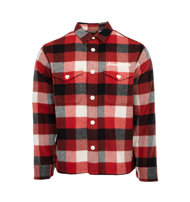 RED - HUMAN MADE Wool Beaverblock Check Shirt featuring heavy woolen checked overshirt with a chain-stitched Human Made Heart logo, classic collar, button front closure and two front button pockets. 90% wool, 10% nylon. Lining: 55% cupra, 45% polyester.