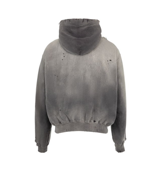 Image 2 of 3 - GREY - Maison Mihara Yasuhiro Men's Sun Faded Like Hoodie is crafted from cotton and features a sun-faded appearance with bleached and distressed detailing, a college-inspired graphic print, and a front kangaroo pocket. Main Material: 100% Cotton. Made in Japan. 