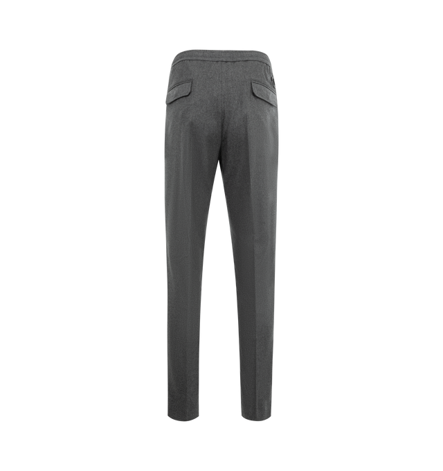 Image 2 of 3 - GREY - Moncler Drawstring Jogging Pants have a satin feel, zipper closure, drawstring waist, snap button back pockets, and a leather logo patch. 100% cotton.  