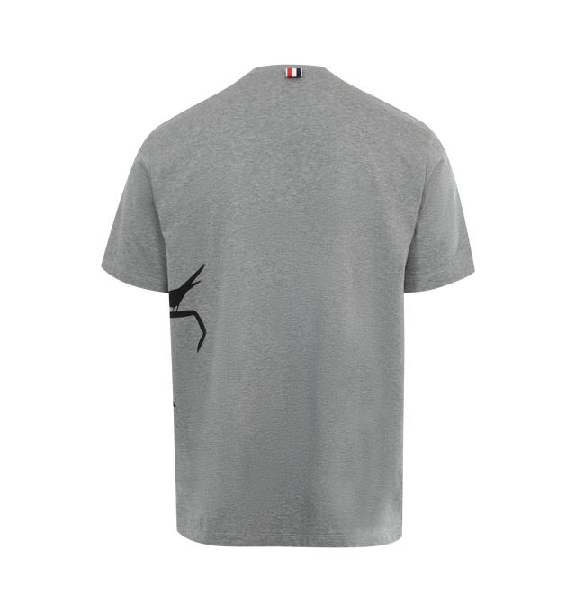 Image 2 of 2 - GREY - THOM BROWNE Jersey Raven Tee featuring bound crew neckline, name tag applique, side vents and signature striped grosgrain loop tab. 100% cotton. Made in Italy. 