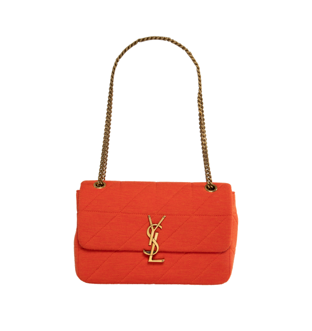 ORANGE - Saint Laurent Jamie flap handbag with quilted Carr Rive Gauche top-stitching, pivoting YSL closure and sliding chain strap that allows it to be carried 2 ways. Crafted from wool jersey with leather lining and light bronze tone hardware. Measures 9.4 X 6.1 X 2.5 inches with a chain length between 9 and 16 inches. Made in Italy. 