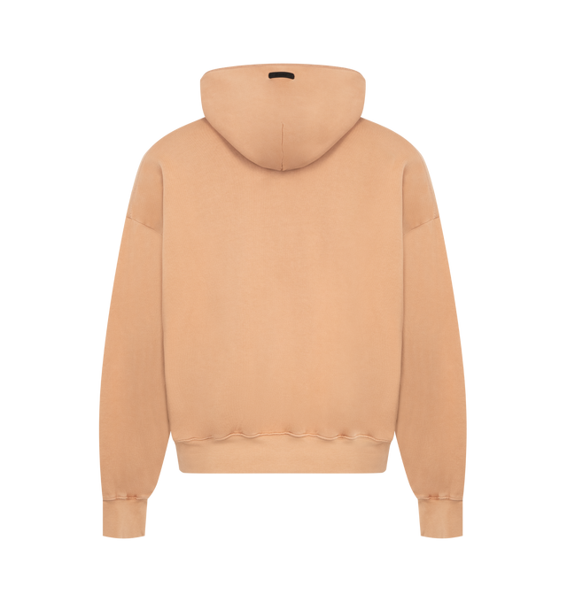 Image 2 of 2 - ORANGE - Fear of God Essentials Mens 90s Hoodie is crafted from heavyweight 390 GSM cotton fleece. Features a relaxed 90s fit, dropped shoulders, kangaroo pocket, ribbed cuffs and hem, contrasting stitching, pigment-dyed finish, puff-printed All Valley Essentials graphic, and an Essentials logo label. Main Material: 100% Cotton.  