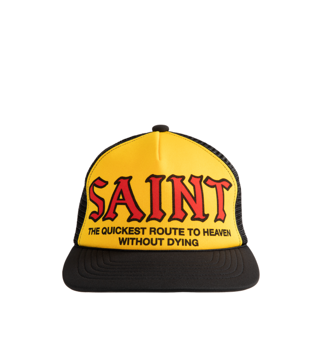 Image 1 of 2 - YELLOW - Saint Michael Mesh Saint Snapback Cap features a yellow base accented with the red SAINT logo. The breathable mesh body offers a lightweight, stress-free fit.Snapback design allows easy size adjustment. 