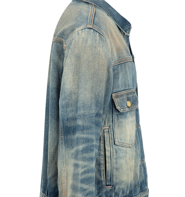 Image 3 of 3 - BLUE - Acne Studios Men's Scraped Denim Jacket is crafted from lightweight indigo broken-twill denim and features a regular-fit, boxy silhouette with a hip-length cut. Designed with contrasting whiskering and scraping for a worn-in appearance, the jacket is finished with chest and welt pockets and branded button closures that enhance its utilitarian character. Main Material: 82% Cotton, 18% Lyocell. 