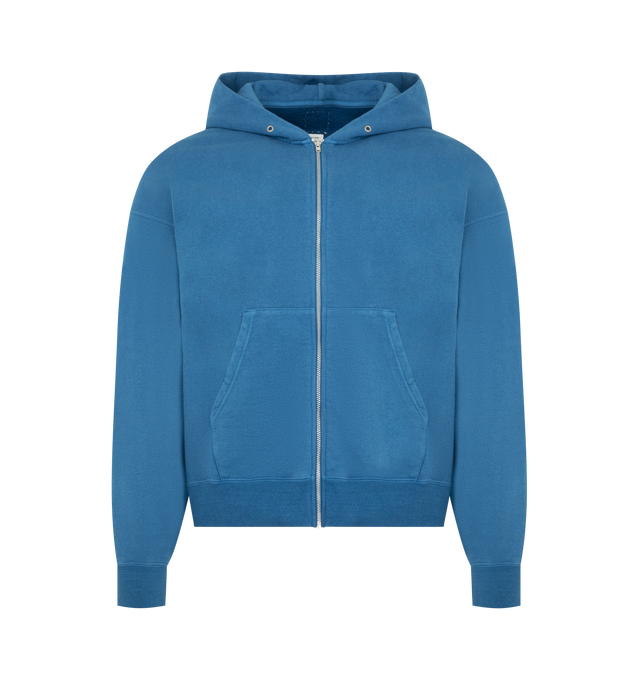 Image 1 of 4 - BLUE - VISVIM Jumbo SB Hoodie F.Z. featuring full zip hoodie, signature relaxed Jumbo fit, natural dye process, soft cotton fleece, drawstring hood, full zip closure, ribbed cuffs and hem and a classic kangaroo pocket. 100% cotton. Made in Japan. 