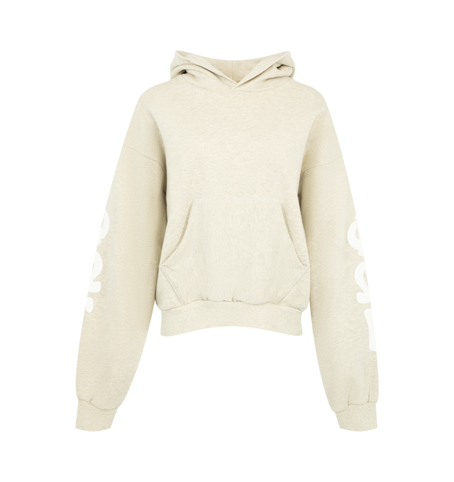 Image 1 of 2 - NEUTRAL - Fear of God Womens 90s Fleece Hoodie is crafted from cotton fleece. Features a relaxed fit, hood, ribbed cuffs and hem, kangaroo pocket, and an Essentials logo label. Main Material: 100% Cotton. 