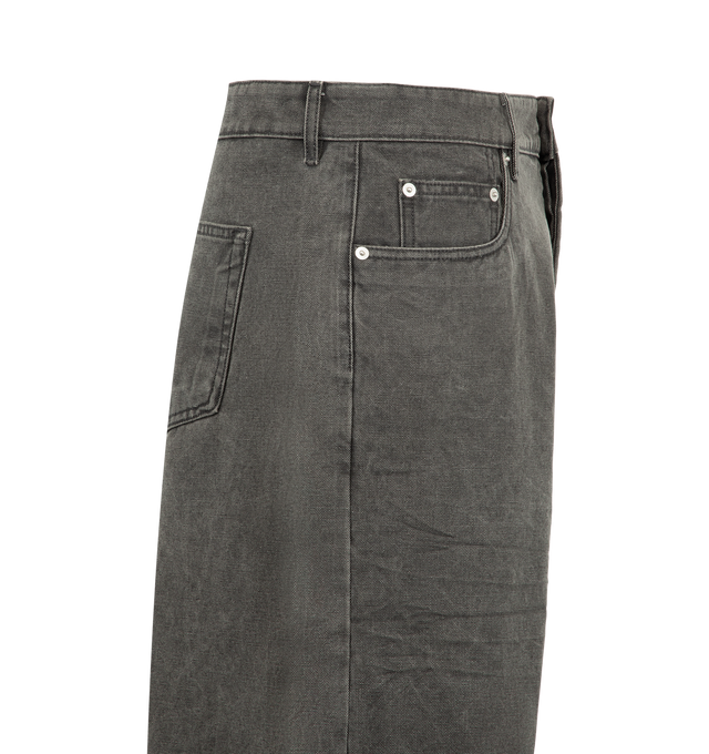 Image 3 of 3 - GREY - Rick Owens DRKSHDW Men's Geth Jeans are crafted from medium-weight cotton canvas featuring a matte black dry-pigment coating that develops a distinctive washed-out character through a stone-wash treatment. Designed with a mid-rise waist and wide-leg fit, these full-length jeans are detailed with a concealed zip fly and top button closure, a waistband with belt loops, pocket rivets, rear patch pockets, classic five-pocket styling, and contrasting topstitching. Main Material: 100% Cotton 