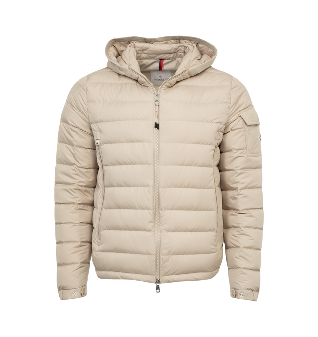 Image 1 of 3 - NEUTRAL - MONCLER Galion Jacket featuring lightweight micro chic, lightweight micro chic lining, down-filled, hood with recycled nylon laqu lining, zipper closure, zipped pockets, chest pocket with snap button closure and adjustable cuffs. 100% polyester. Padding: 90% down, 10% feather. 