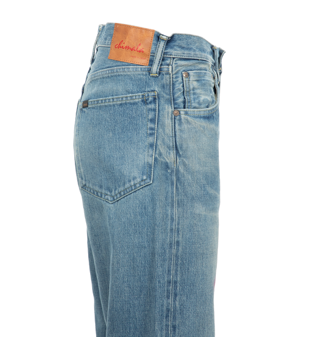 Image 3 of 3 - BLUE - CHIMALA Selvedge Denim Straight Cut Jeans featuring Japanese selvedge denim, a deep rise, button fly, 5 pocket design, and contrasting stitching. 100% cotton. 