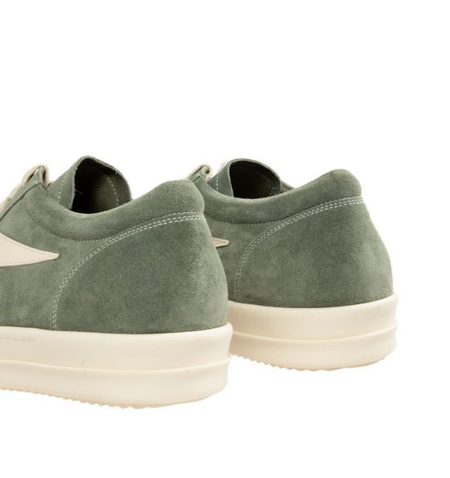 Image 3 of 5 - GREEN - Rick Owens Vintage Low-Top Sneakers are a lace-up style with graphic leather appliques and serrated soles. Velour suede and full-grain calf leather upper, lining and insole. Rubber sole.  