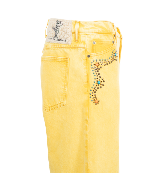 Image 3 of 3 - YELLOW - COUT DE LA LIBERTE Zander Embellished Twill Baggy Short featuring relaxed fit, button closure, five-pocket styling and rinestones. Cotton. 