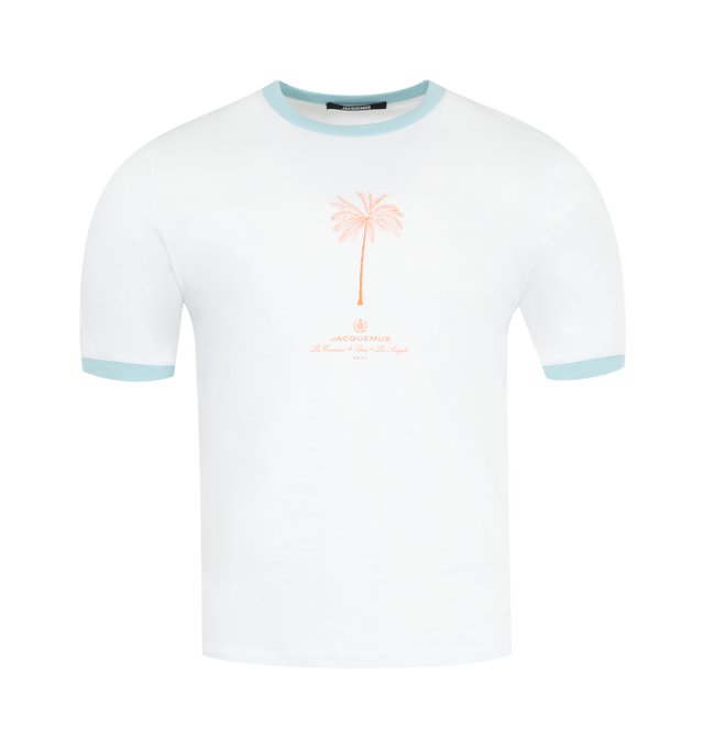 Image 1 of 2 - WHITE - JACQUEMUS Venice T-Shirt featuring printed palm tree, short sleeves, contrast collar and cuffs and crew neck. 100% cotton. Made in Portugal. 