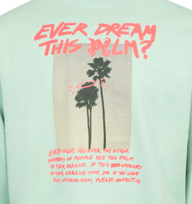 Image 2 of 2 - GREEN - PALM ANGELS Crewneck mint green sweatshirt with fuchsia Palm Dreams graphic printed on the front. 100% cotton.  