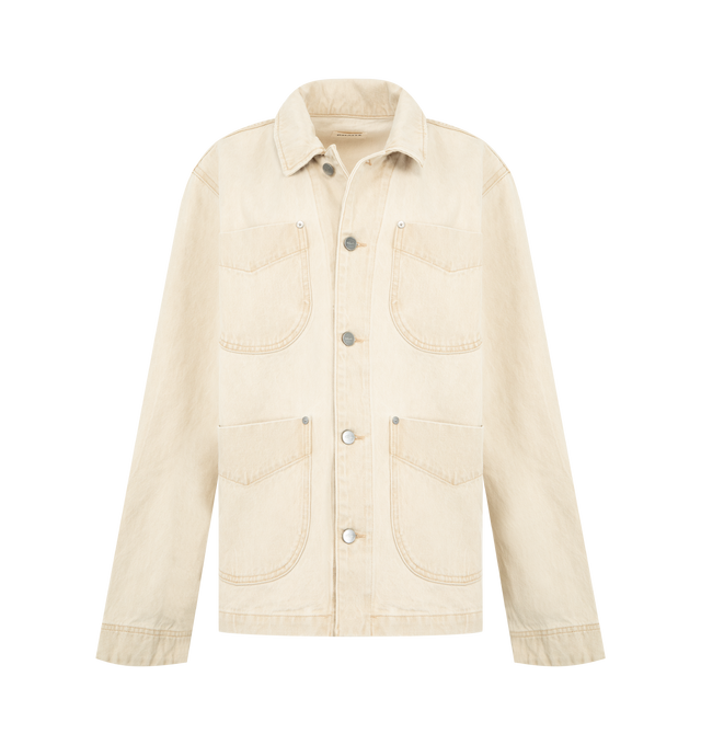 Image 1 of 3 - WHITE - Khaite Wyatt chore coat in robust, tannin-dyed denim. Topstitching traces the quartet of rounded and riveted patch pockets. Finished by hand in Los Angeles with signature buttons of embossed nickel. 100% cotton. 