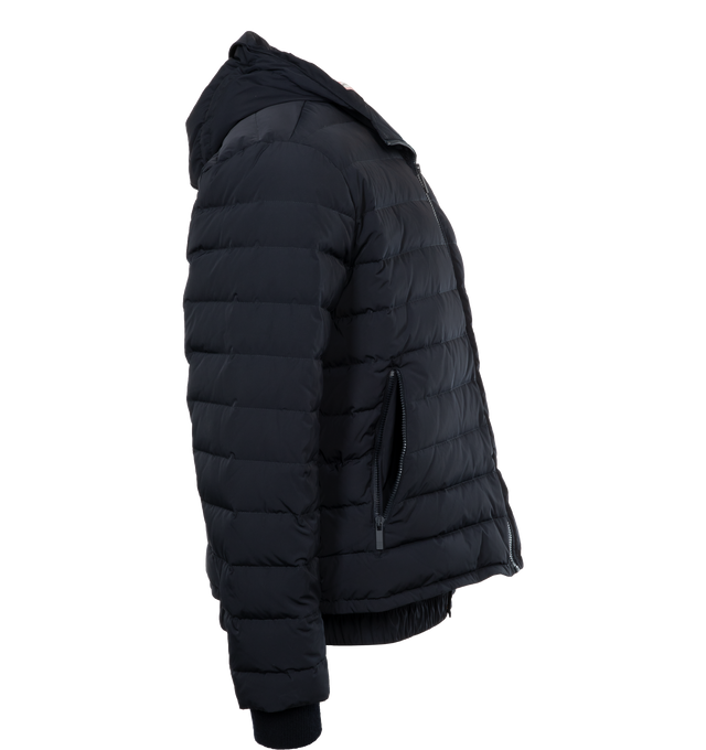 Image 3 of 4 - NAVY - THOM BROWNE Down Filled Ski Jacket has an attached hood, knit cuffs, side zip pockets, signature four bar stripes at sleeve, and ribbed cuffs. 100% polyester. Padding: 80% White Goose Down, 20% White Goose Feathers. 