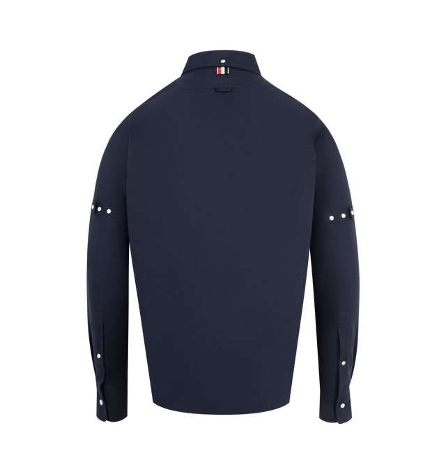 Image 2 of 2 - NAVY - THOM BROWNE Utility Shirt featuring straight fit, button front closure, button collar, two chest pockets with flaps and button closure, buttoned cuffs, back yoke with locker loop, nametag applique, grosgrain armbands and signature striped grosgrain loop tab. Cotton flannel. 