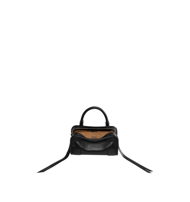 Image 1 of 4 - BLACK - Loewe Mini Amazona 180 Bag in leather features a relaxed silhouette anchored by a single toron top handle, designed to be carried open, while a concealed closure secures the main compartment, removable shoulder and crossbody straps, two carry options: short handle, removable and adjustable crossbody strap, zip closure with two leather zip pullers, two compartments, main compartment closed with magnetic closure, left side d-ring for customization, suede and nappa lambskin lining, and e 
