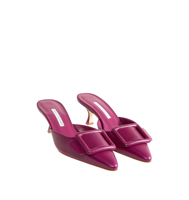 Image 2 of 4 - PURPLE - Manolo Blahnik Maysale nappa leather pointed-toe mules featuring a leather-covered buckle and 50mm kitten heel. 100% leather. Made in Italy. 