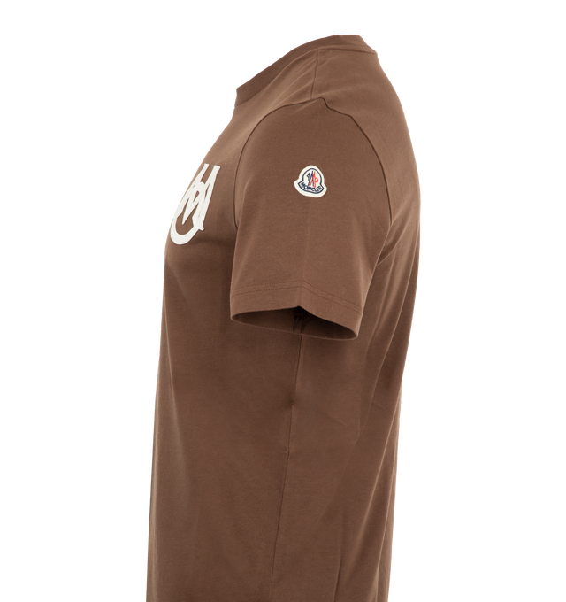 Image 3 of 3 - BROWN - MONCLER Logo T-Shirt featuring cotton jersey, crew neck, short sleeves and logo patch on the chest. 100% cotton. Made in Turkey. 