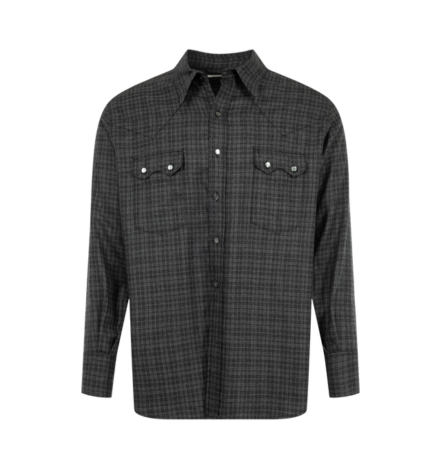 Image 1 of 2 - GREY - Kaptain Sunshine Men's Wool Plaid Cowboy Shirt is crafted from lightweight wool viyella check fabric woven from extra-fine Super 120's merino wool and pre-dyed melange yarns. Designed in a relaxed fit, this shirt features a classic cowboy yoke, cowboy double-flap chest pockets, a clean plain front, shirt gussets, and plain button closures. Milled and specially treated for washability, the refined flannel fabric delivers a soft hand, lightweight warmth, and a crisp finish while retainin 