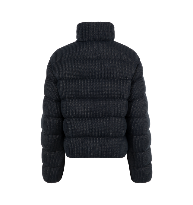 Image 2 of 3 - NAVY - Moncler Thoiry Sparkly Down Puffer Jacket has a stand collar, a 2-way zip front, a classic fit, and an embroidered logo patch. Lined. Down and feather fill. Made in Romania.  