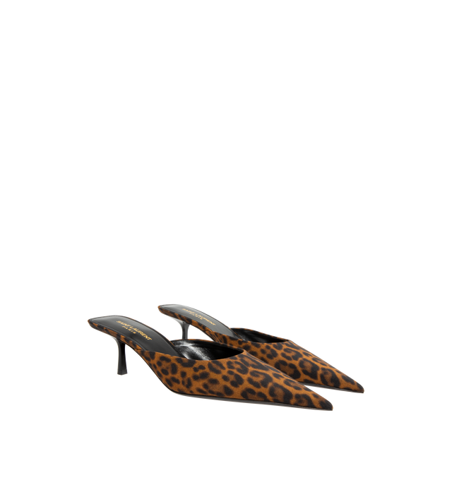 Image 2 of 4 - BROWN - SAINT LAURENT Barbara Mules in Leopard Grosgrain featuring an elongated pointed toe, kitten heel and low cut vamp. 55MM. Leather sole. Viscose.  