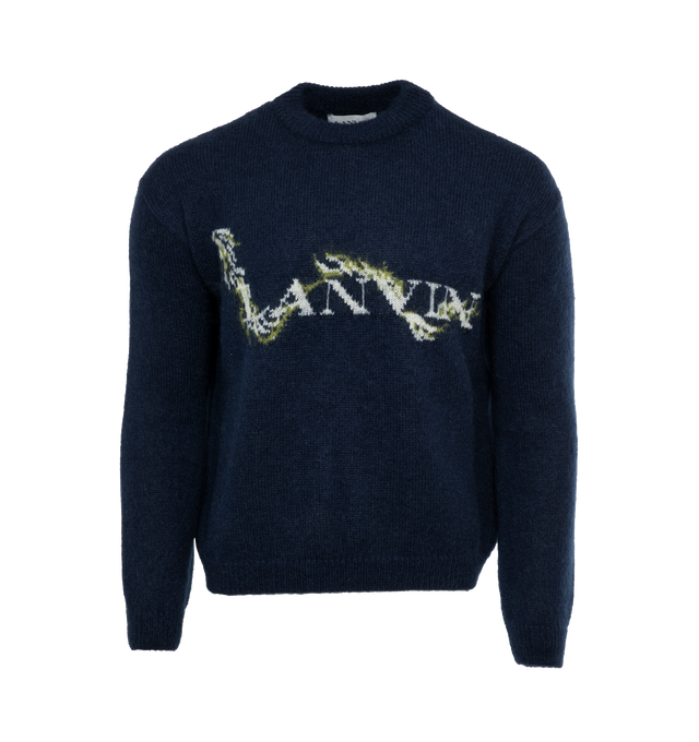 NAVY - LANVIN CNY Mohair Mock Neck featuring knitted construction, jacquard logo motif, mock neck, ribbed edge, long sleeves, and ribbed cuffs and hem. 49% mohair, 32% polyamide, 19% wool.