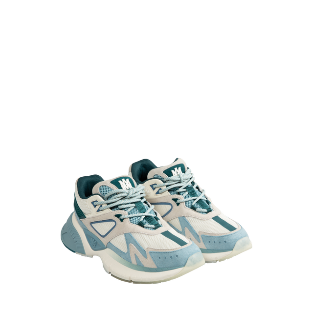 Image 2 of 5 - BLUE - AMIRI MA Runner Sneakers featuring breathable mesh fabric with leather overlays, flat heel, branded reinforced round toe, lace-up vamp, tubular laces, raised MA logo on the tongue, backstay, and side, padded tongue and collar, raised logo on the heel and rubber outsole. 