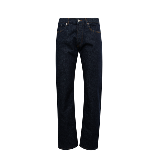 Image 1 of 3 - BLUE - DRIES VAN NOTEN Denim Pant featuring belt loops, five-pocket styling, button-fly, leather logo patch at back waistband, logo-engraved silver-tone hardware and contrast stitching in brown. 100% cotton. Made in Tunisia. 