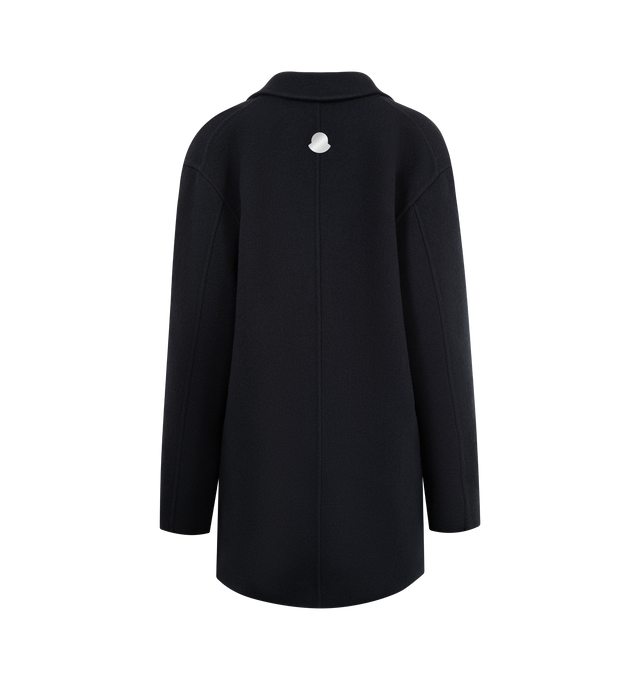 Image 3 of 4 - NAVY - MONCLER GENIUS X JIL SANDER Rhamnose 3-in-1 Wool Mono-Breasted Down Jacket featuring double wool, viscose lining, detachable down-filled nylon inner with snap button closure, button closure and detachable metal logo pin. 100% virgin wool. Lining: 100% viscose/rayon. 100% polyamide/nylon. Padding: 90% down, 10% feather. Made in Italy. 