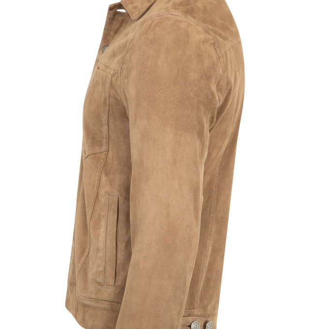 Image 3 of 3 - BROWN - GIORGIO BRATO Suede Jacket featuring shirt style collar, button closure, chest pockets, buttoned cuffs and long sleeves. 100% leather. Made in Italy. 