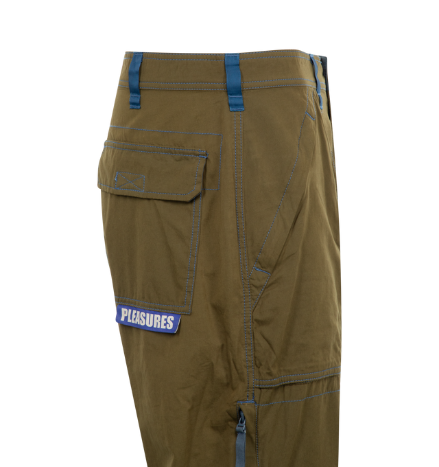 Image 3 of 3 - GREEN - Pleasures Public Utility Pants have a button and zip fly, contrast trim, cargo pockets, side zip pockets, side pockets, rear flap pockets, adjustable leg openings with toggles, and knee darts. 58% polyester, 34% cotton, 8% nylon.  