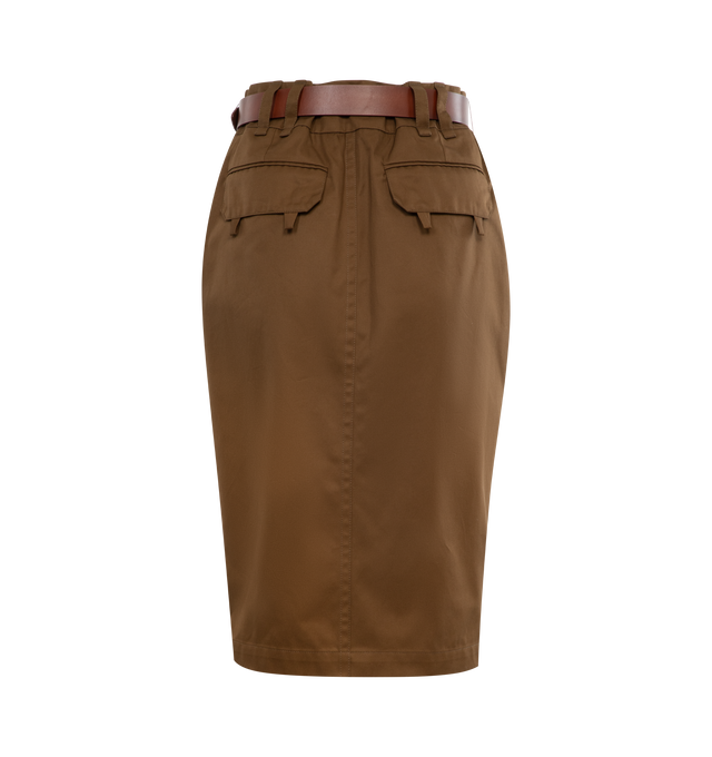 Image 2 of 3 - BROWN - SAINT LAURENT Pencil Skirt featuring front slit, back flap pockets, cotton lining, button fly, belt loops and removable pin buckle leather belt. 100% cotton. Made in Italy.  