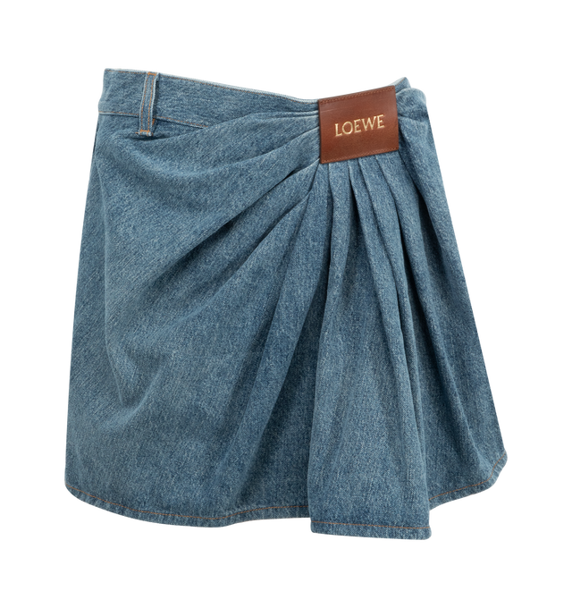 Image 1 of 3 - BLUE - Loewe Draped denim miniskirt featuring back patch pocket, front logo, draped detail, belt loops, mini length and visible stitching. 100% cotton. Made in Italy. 